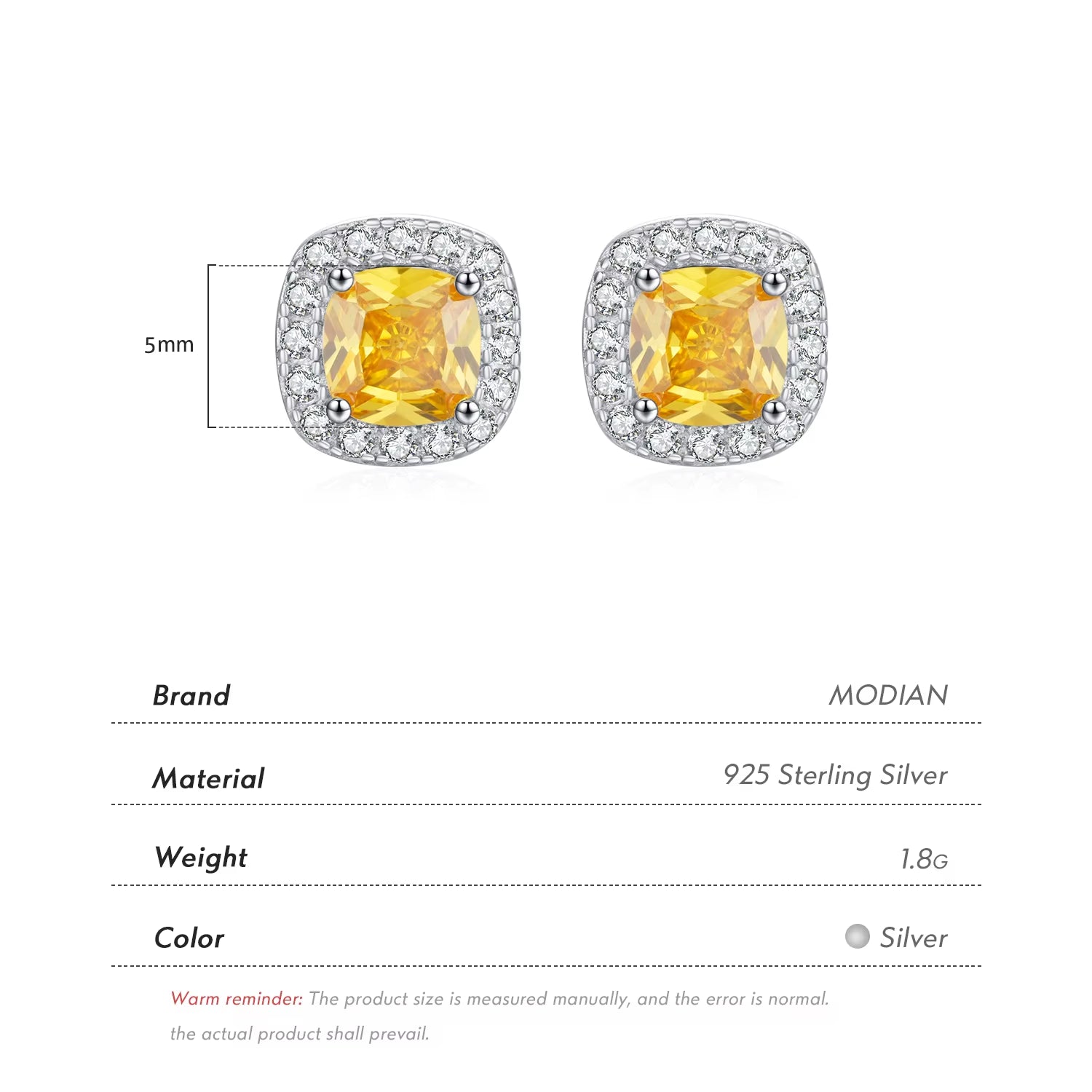 Yellow Sparkling Cubic Zirconia Platinum Plated Stud Earrings 925 Sterling Silver Earrings for Women Wedding Jewelry