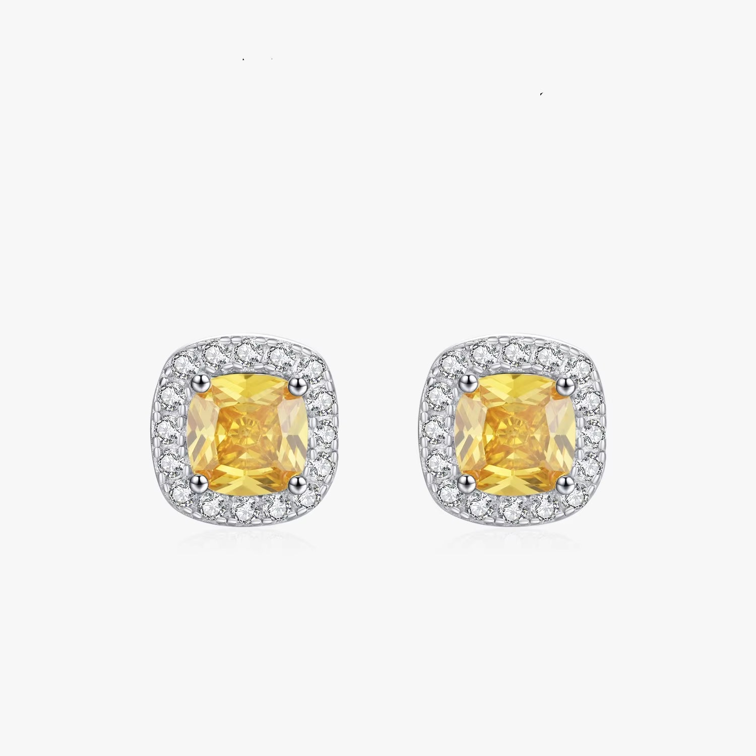 Yellow Sparkling Cubic Zirconia Platinum Plated Stud Earrings 925 Sterling Silver Earrings for Women Wedding Jewelry