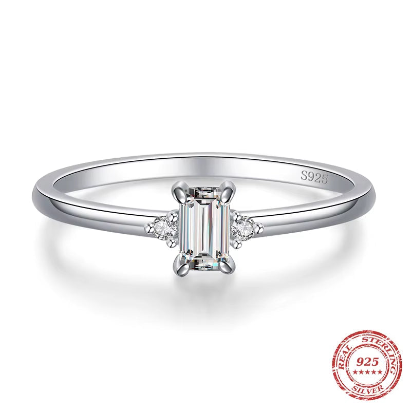 Authentic 925 Sterling Silver Classic Charm Emerald Cut Zirconia Finger Rings for Women Hypoallergenic Wedding Jewelry