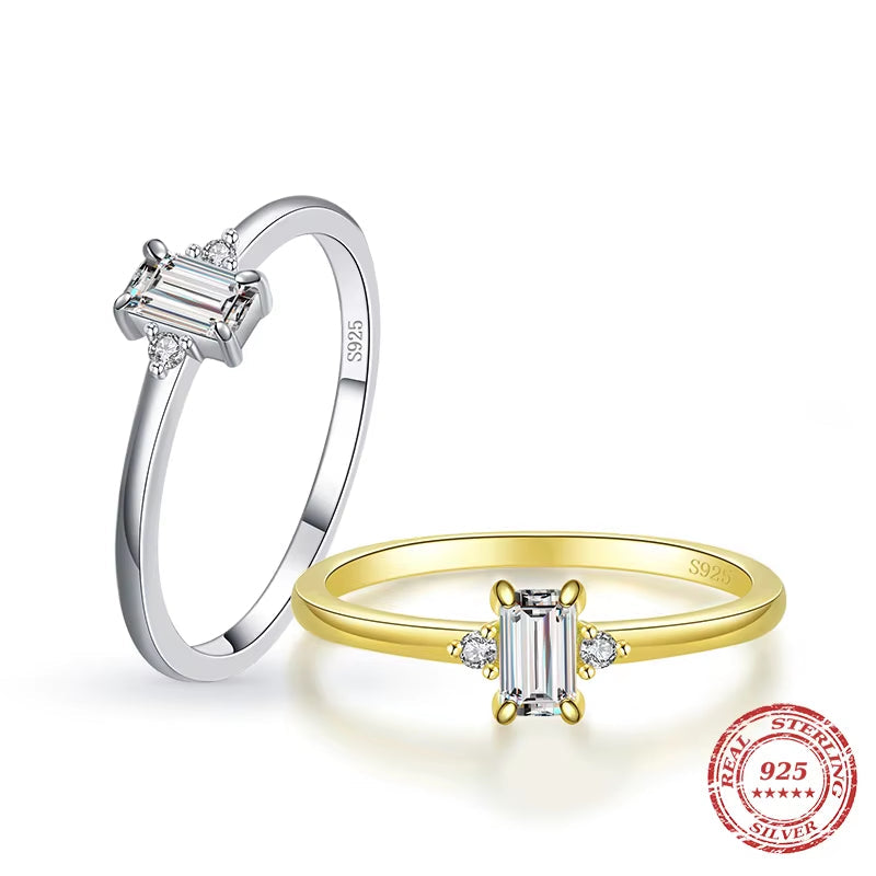 Authentic 925 Sterling Silver Classic Charm Emerald Cut Zirconia Finger Rings for Women Hypoallergenic Wedding Jewelry