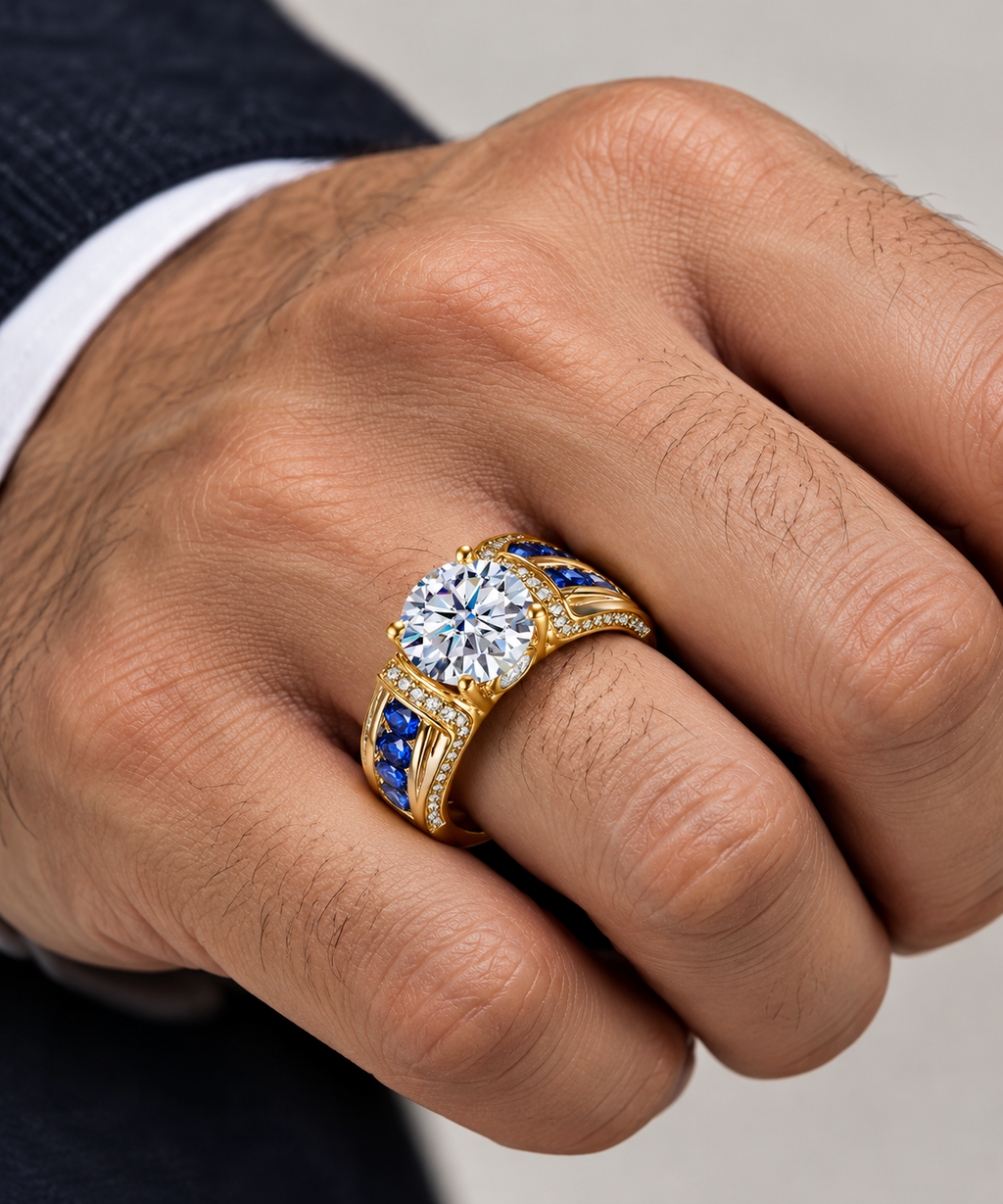 Moissanite & Sapphire Ring in 925 Sterling Silver