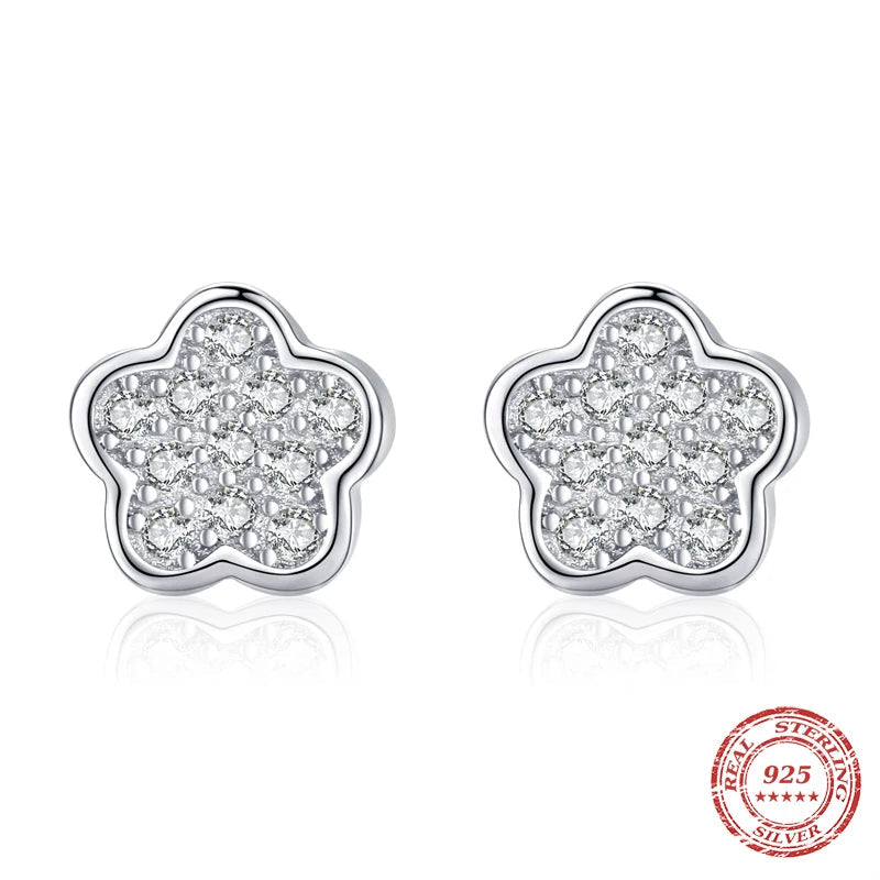 HAT-HOR |  Simple Full CZ Stud Earrings Fashion 925 Sterling Silver Flower Lovely Earring For Women Girls Party Accessories Jewelry