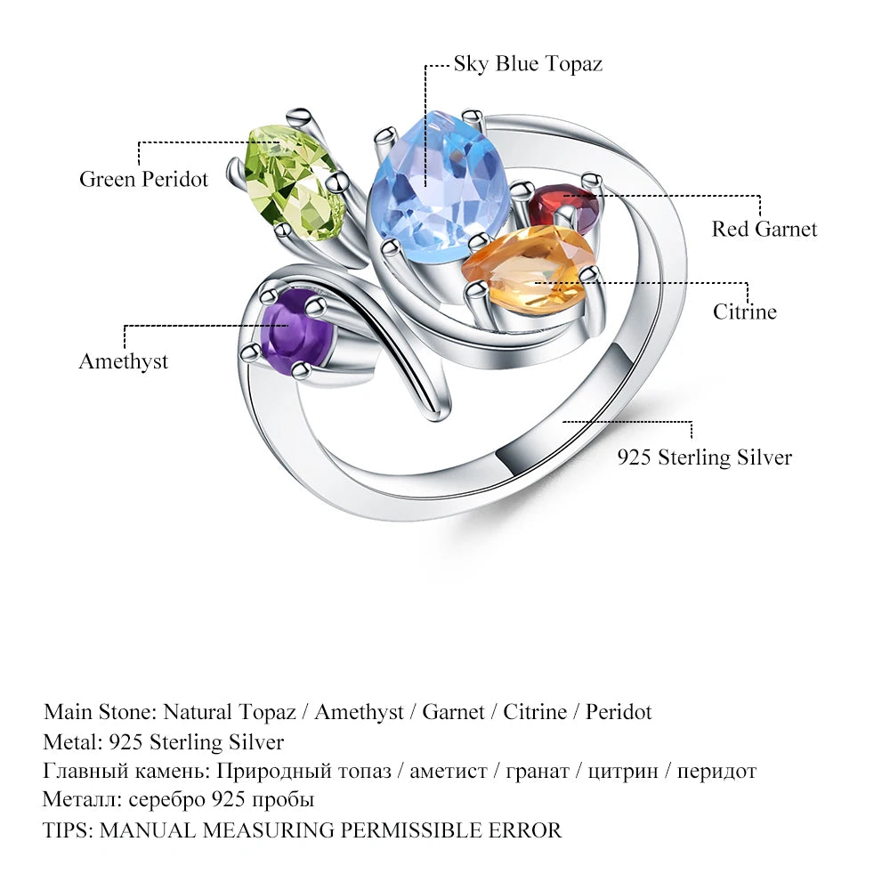Flower Multicolor Natural Amethyst Garnet Peridot Citrine Topaz Cocktail Ring.