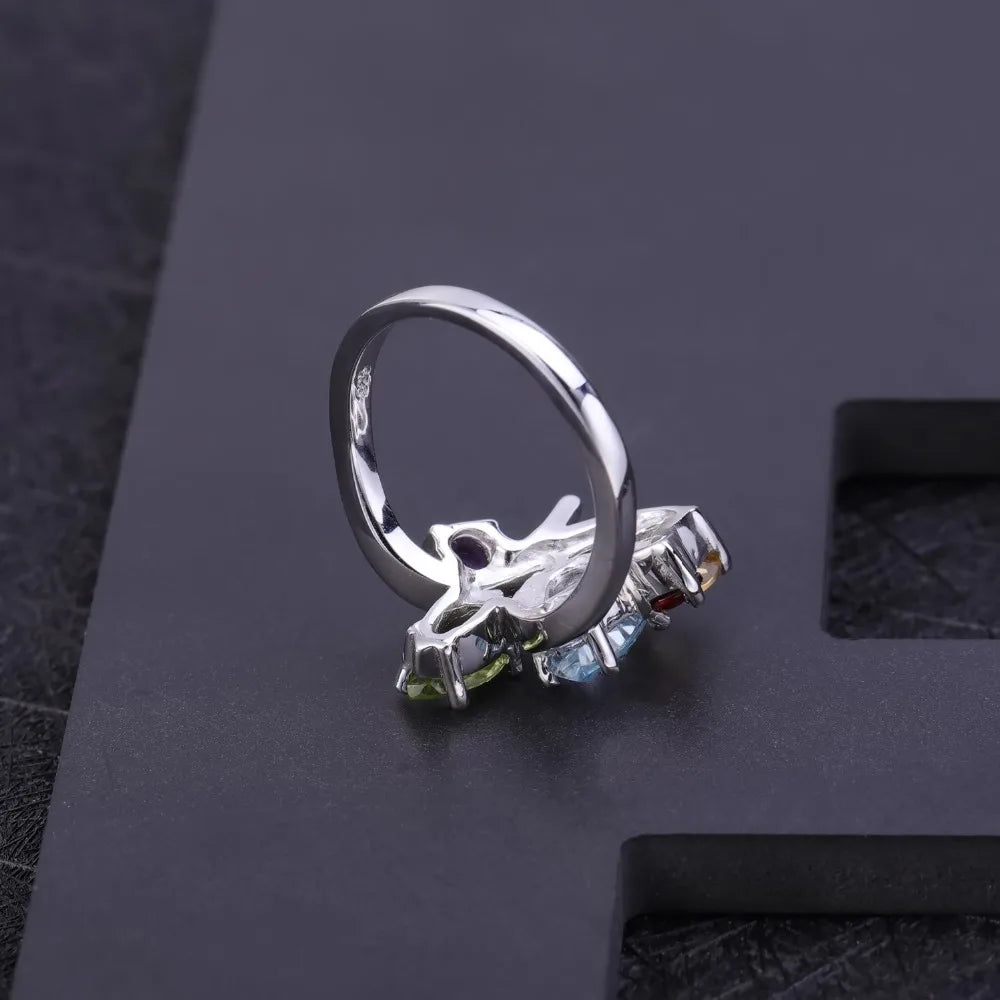 Flower Multicolor Natural Amethyst Garnet Peridot Citrine Topaz Cocktail Ring.