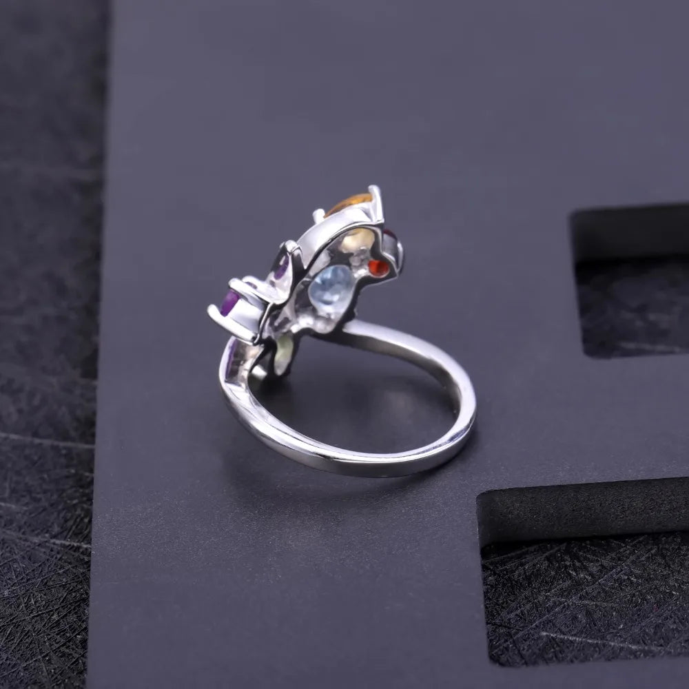 Flower Multicolor Natural Amethyst Garnet Peridot Citrine Topaz Cocktail Ring.