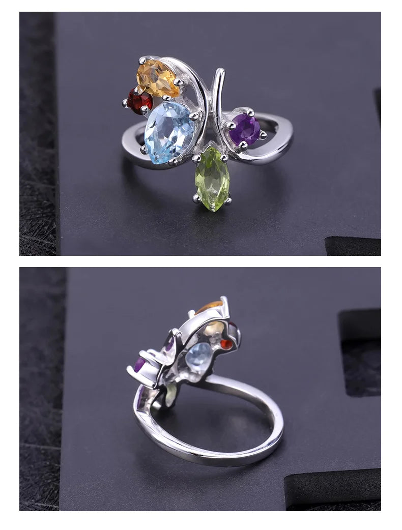 Flower Multicolor Natural Amethyst Garnet Peridot Citrine Topaz Cocktail Ring.