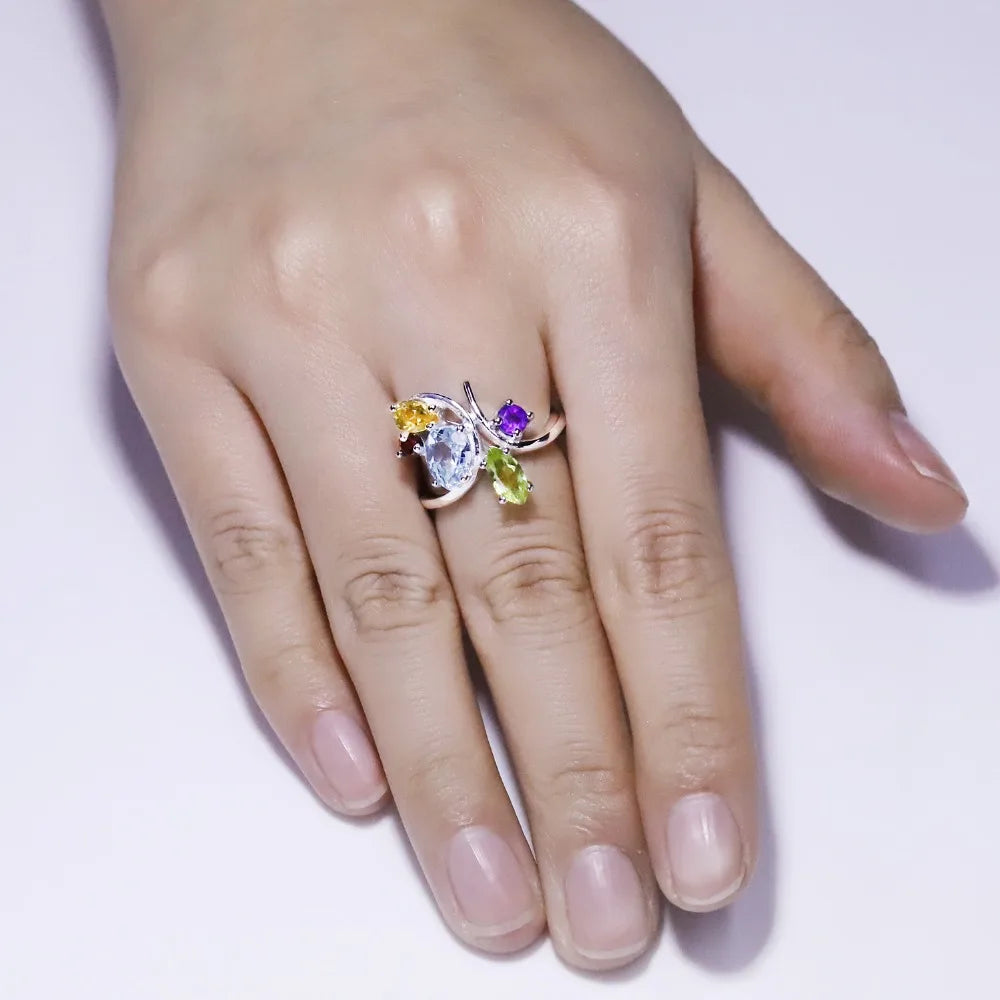 Flower Multicolor Natural Amethyst Garnet Peridot Citrine Topaz Cocktail Ring.