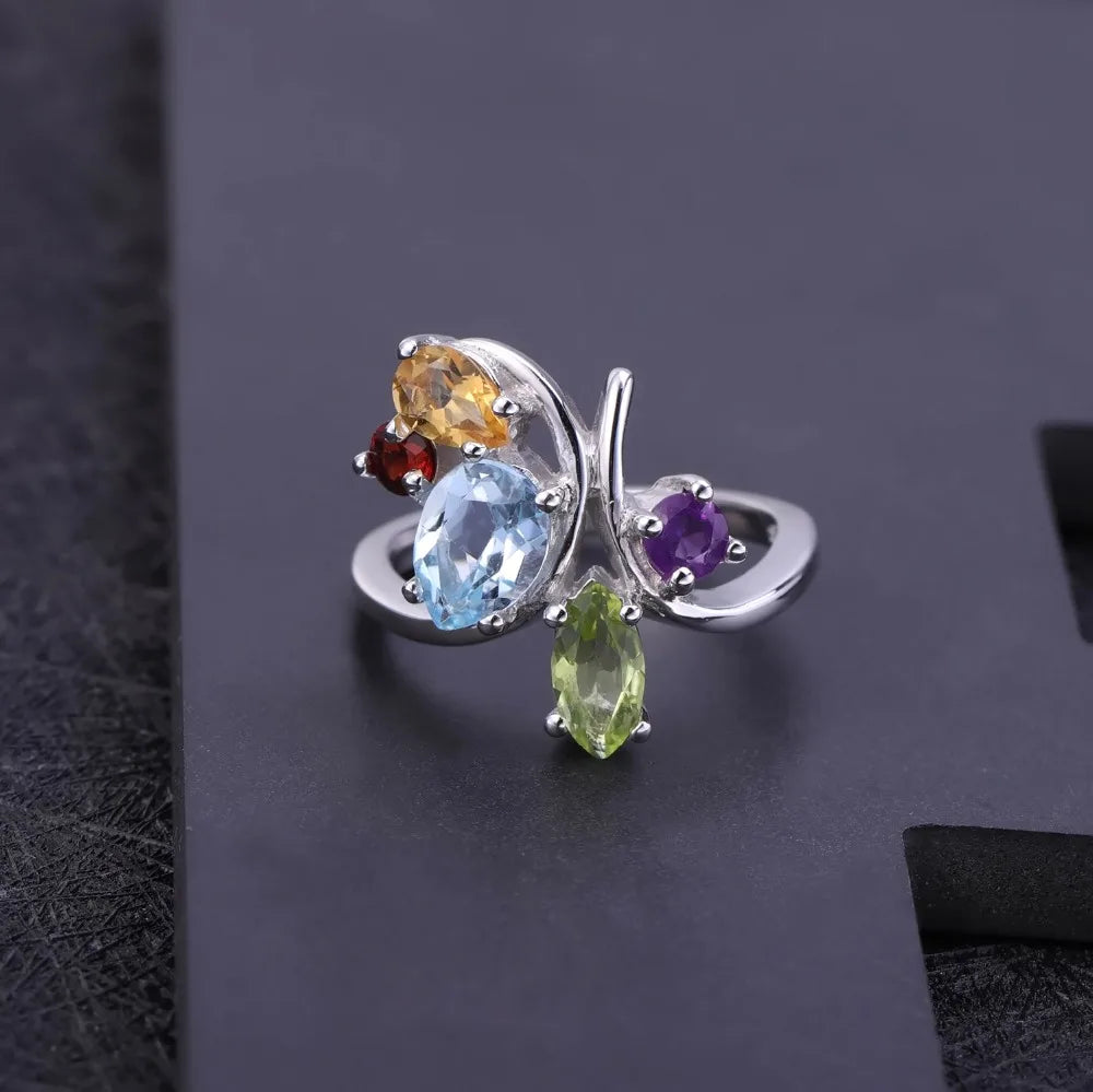 Flower Multicolor Natural Amethyst Garnet Peridot Citrine Topaz Cocktail Ring.