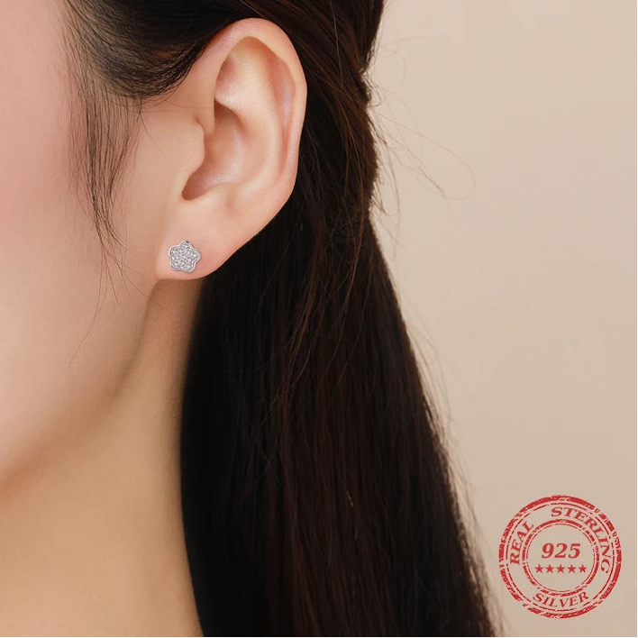 HAT-HOR |  Simple Full CZ Stud Earrings Fashion 925 Sterling Silver Flower Lovely Earring For Women Girls Party Accessories Jewelry