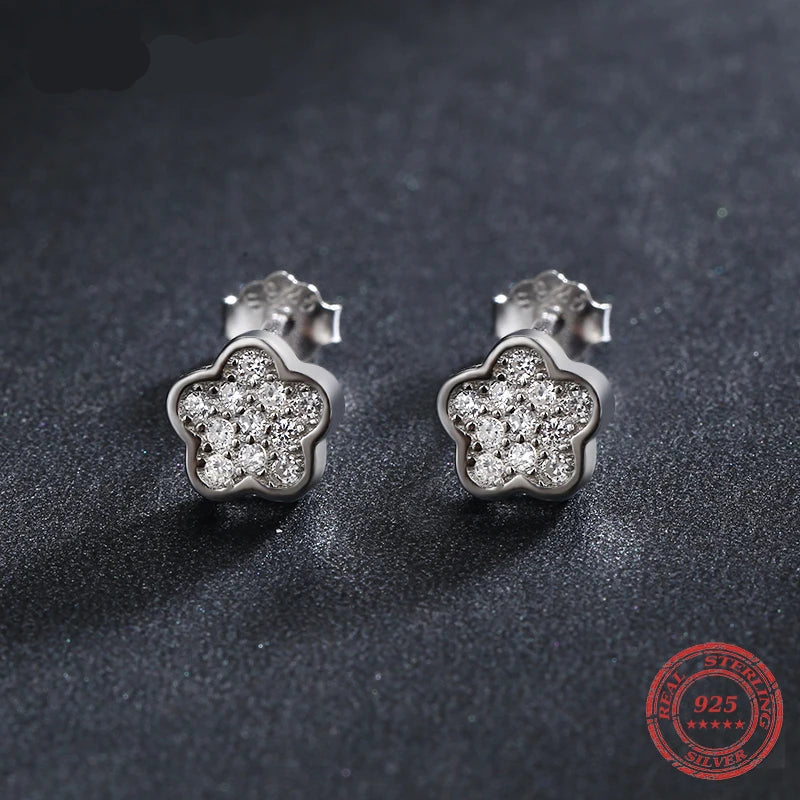 HAT-HOR |  Simple Full CZ Stud Earrings Fashion 925 Sterling Silver Flower Lovely Earring For Women Girls Party Accessories Jewelry