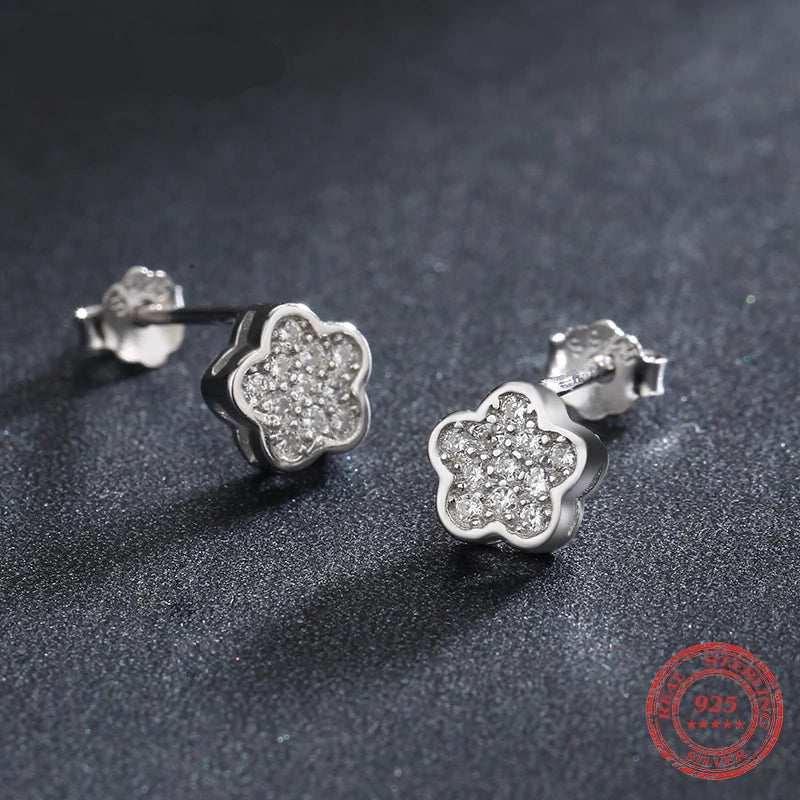 HAT-HOR |  Simple Full CZ Stud Earrings Fashion 925 Sterling Silver Flower Lovely Earring For Women Girls Party Accessories Jewelry
