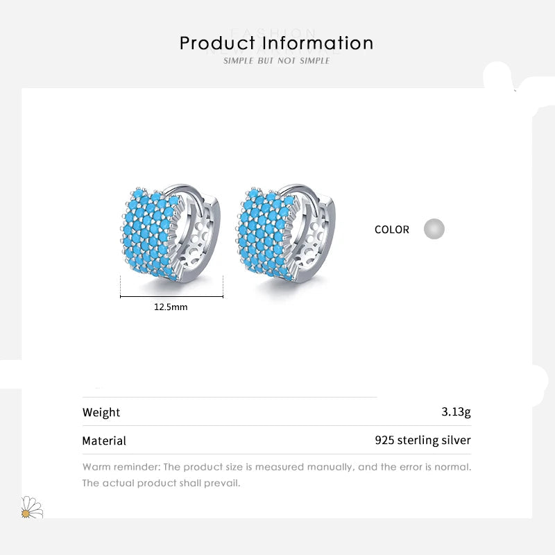 Pair of silver hoop earrings with blue gemstones on a white background, featuring product information.
