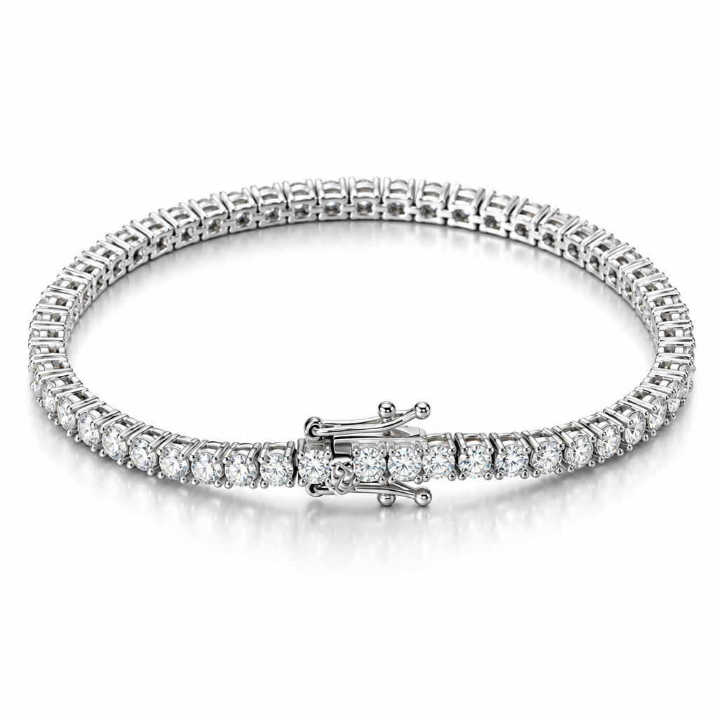 A silver 925  tennis bracelet with a signature clasp, set with moissanite stones.