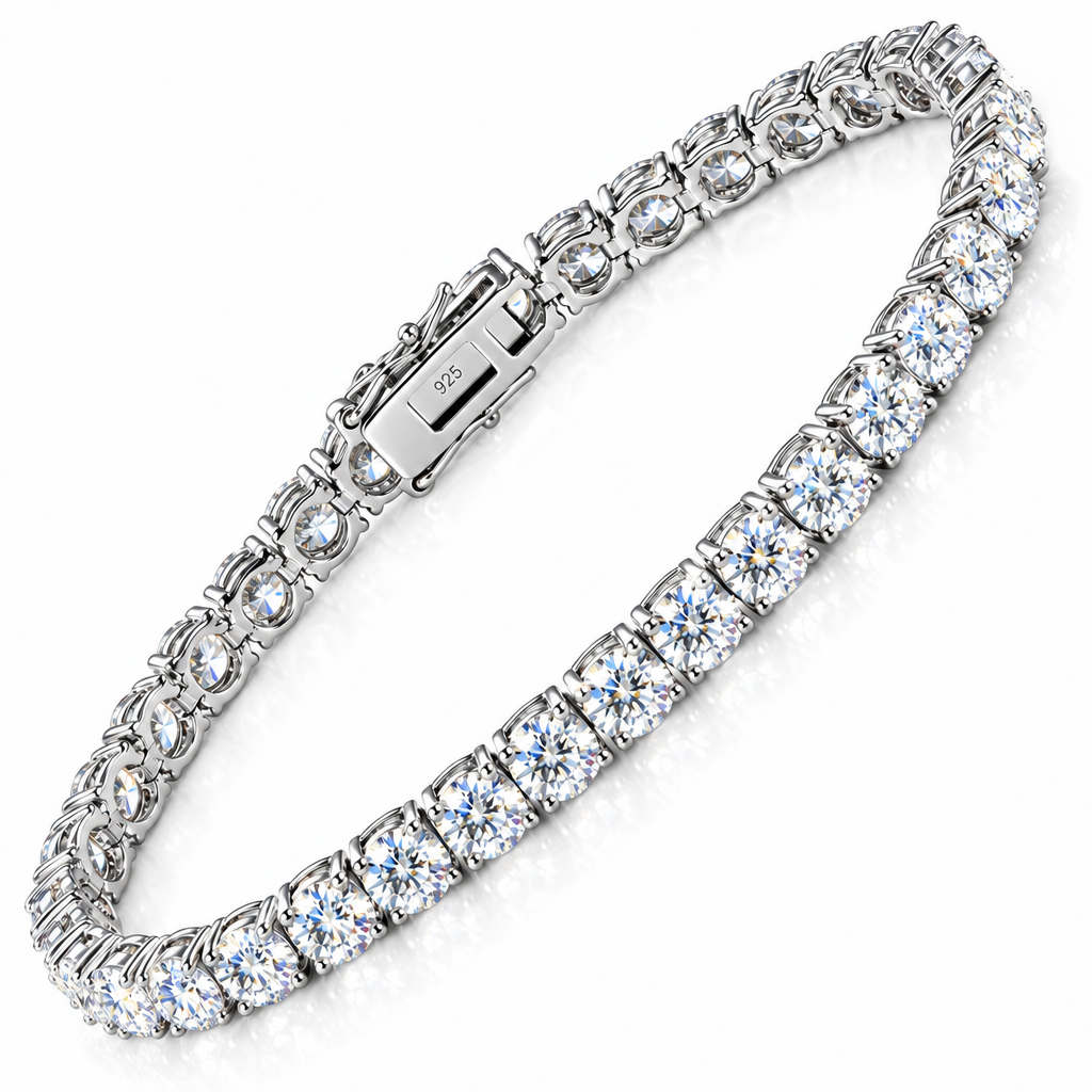 A silver sterling 925 tennis bracelet with round-cut moissanite stones.
