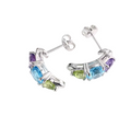 A pair of crescent-shaped silver 925 earrings with bezel-set multicolor gemstones, including light blue, green, and purple, displayed on a white surface.