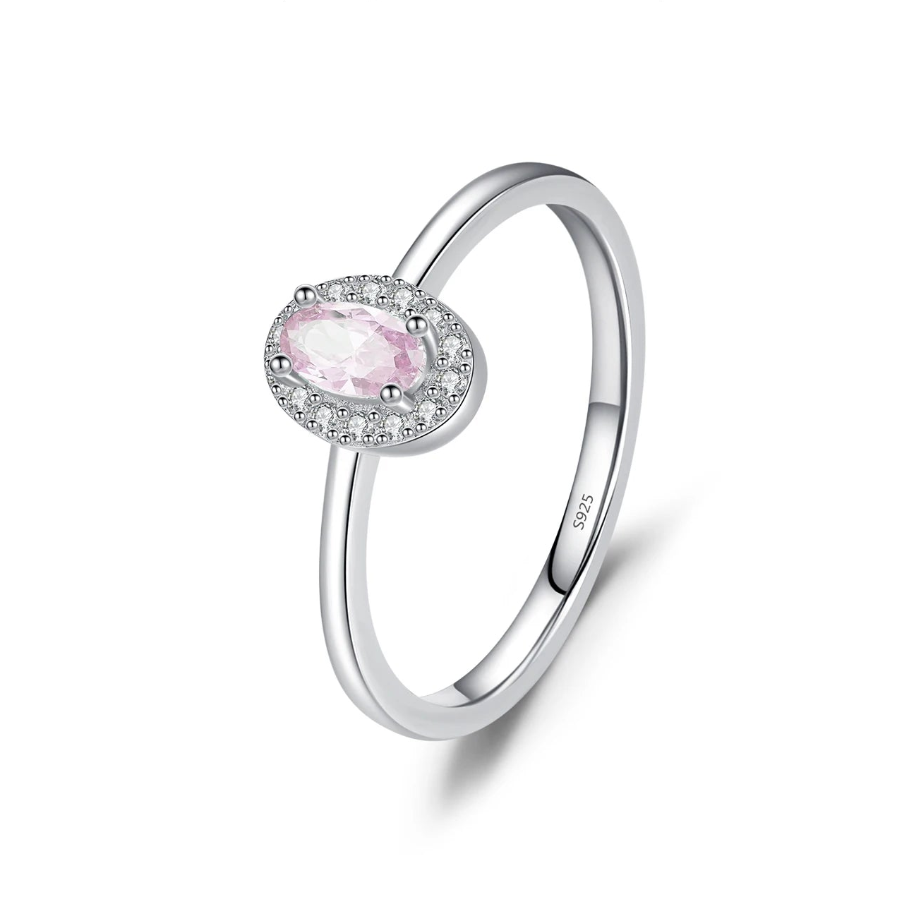Silver ring with a pink gemstone and 'HAT-HOR' branding on a white background