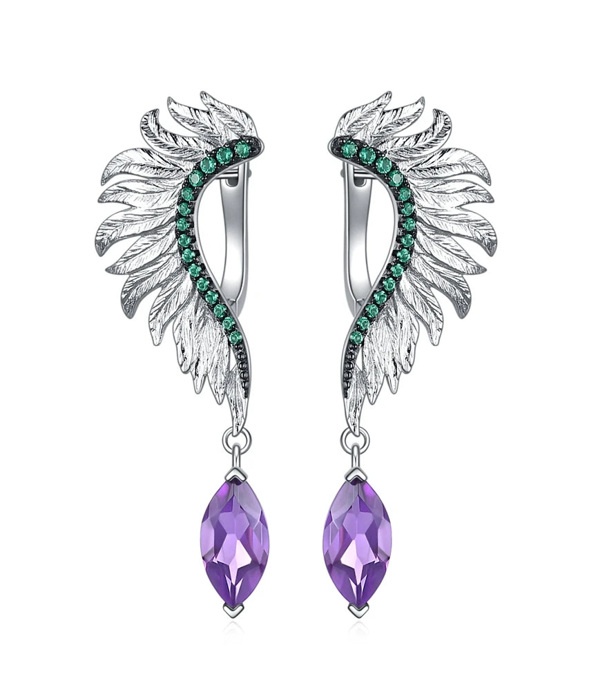 Angel Wings Feather Earrings ,with natural Green Agate Amethyst