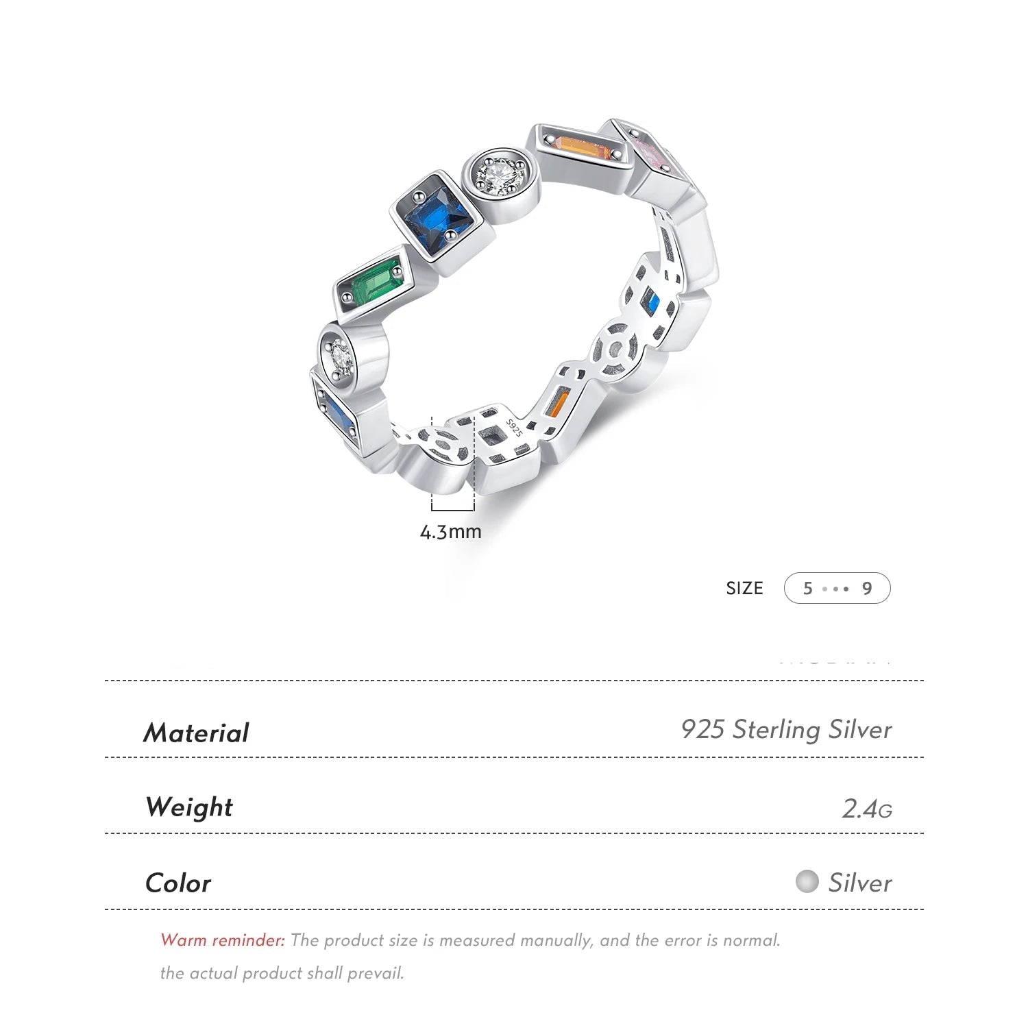Silver ring with colored stones on a white background, featuring brand information and product details.