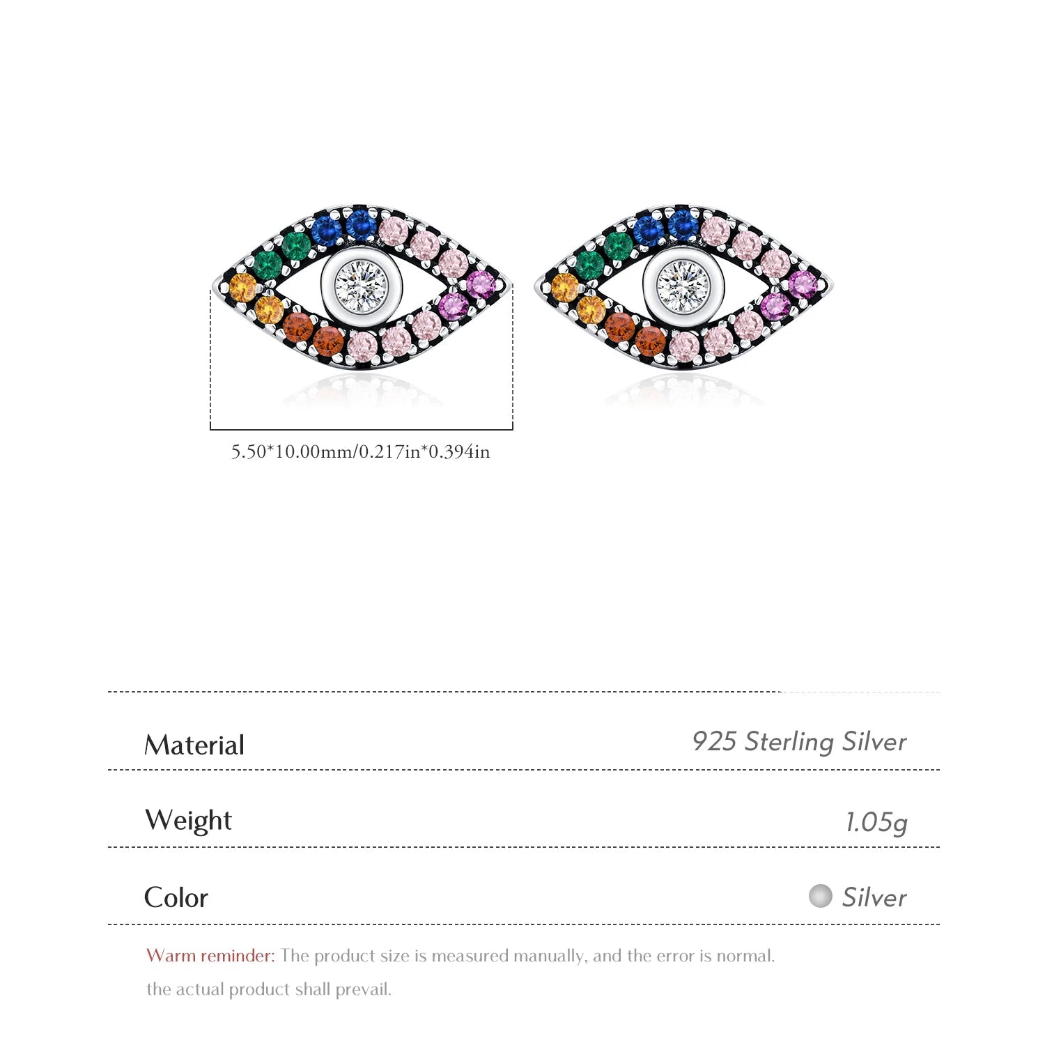 Colorful eye-shaped earrings with gemstones on a white background, .