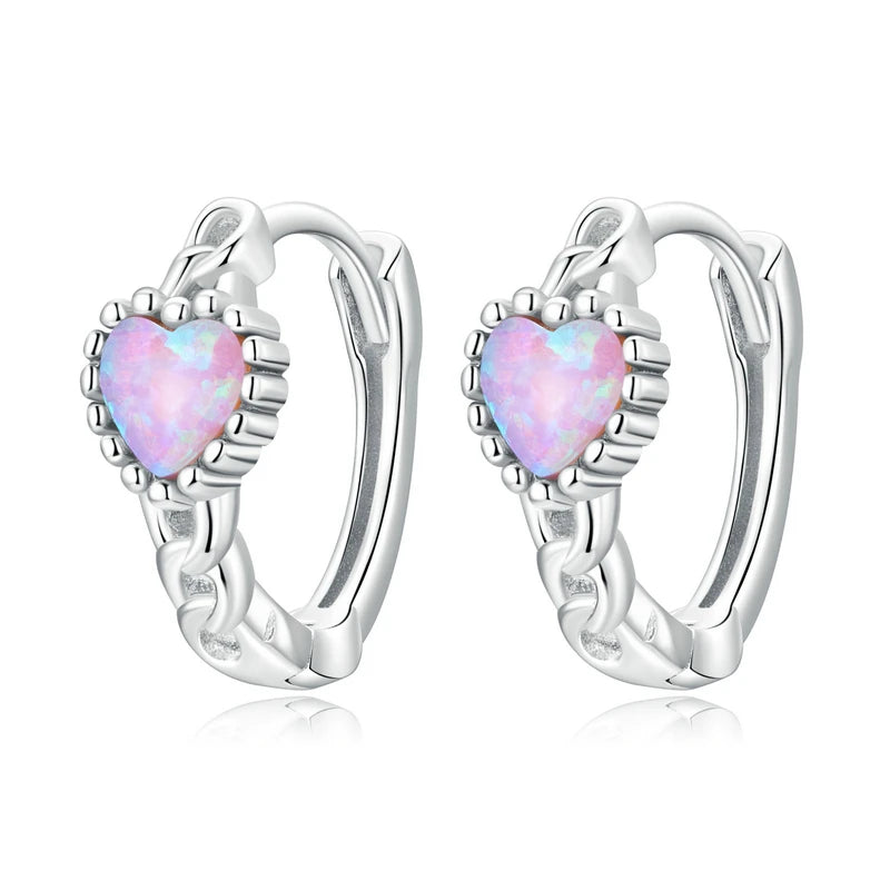 Classical Heart Shape Pink Opal Hoop Earrings.