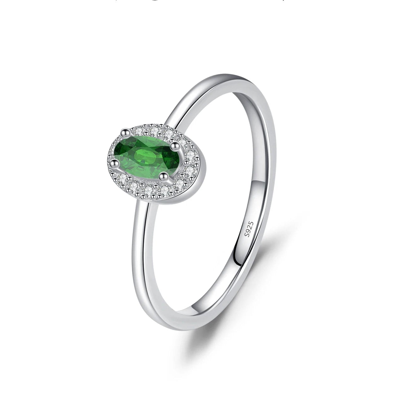 Silver ring with a green gemstone on a white background, featuring the brand 