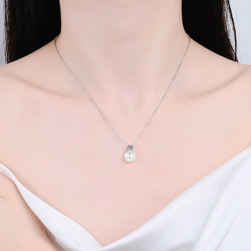 0.3ct D-color Moissanite Necklace 8mm Pearl Pendant