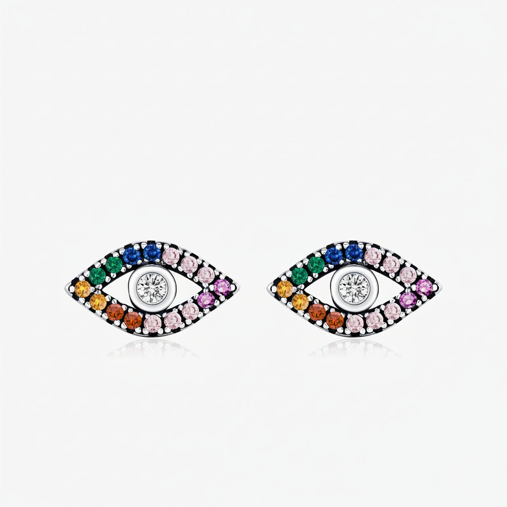 Colorful eye-shaped  stud earrings on a s silver white background