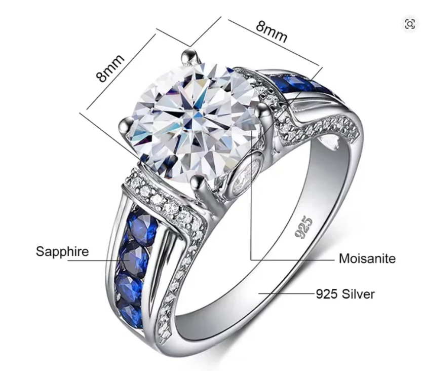 Moissanite and Sapphire Ring in 925 Sterling Silver