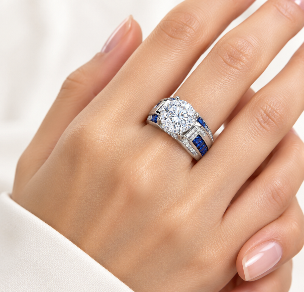 Moissanite and Sapphire Ring in 925 Sterling Silver