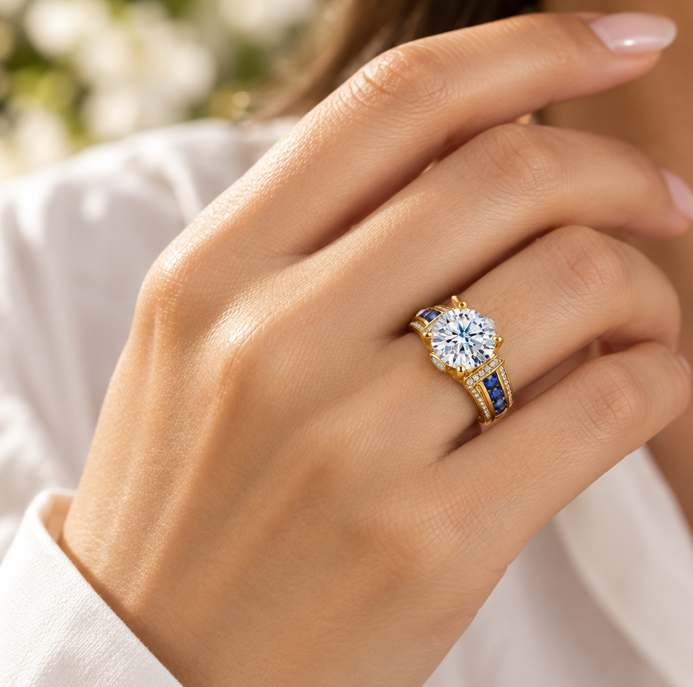 Moissanite & Sapphire Ring in 925 Sterling Silver