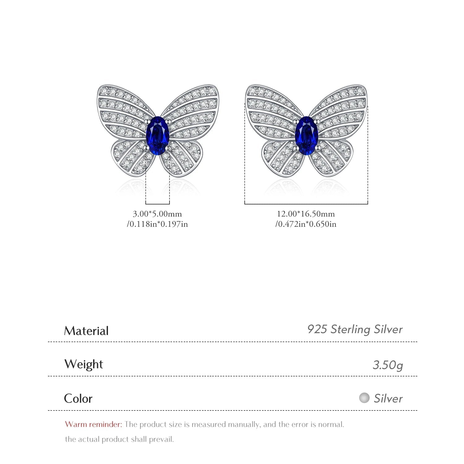 Butterfly Stud Earrings Sparkling Royal Blue Zircon Earrings