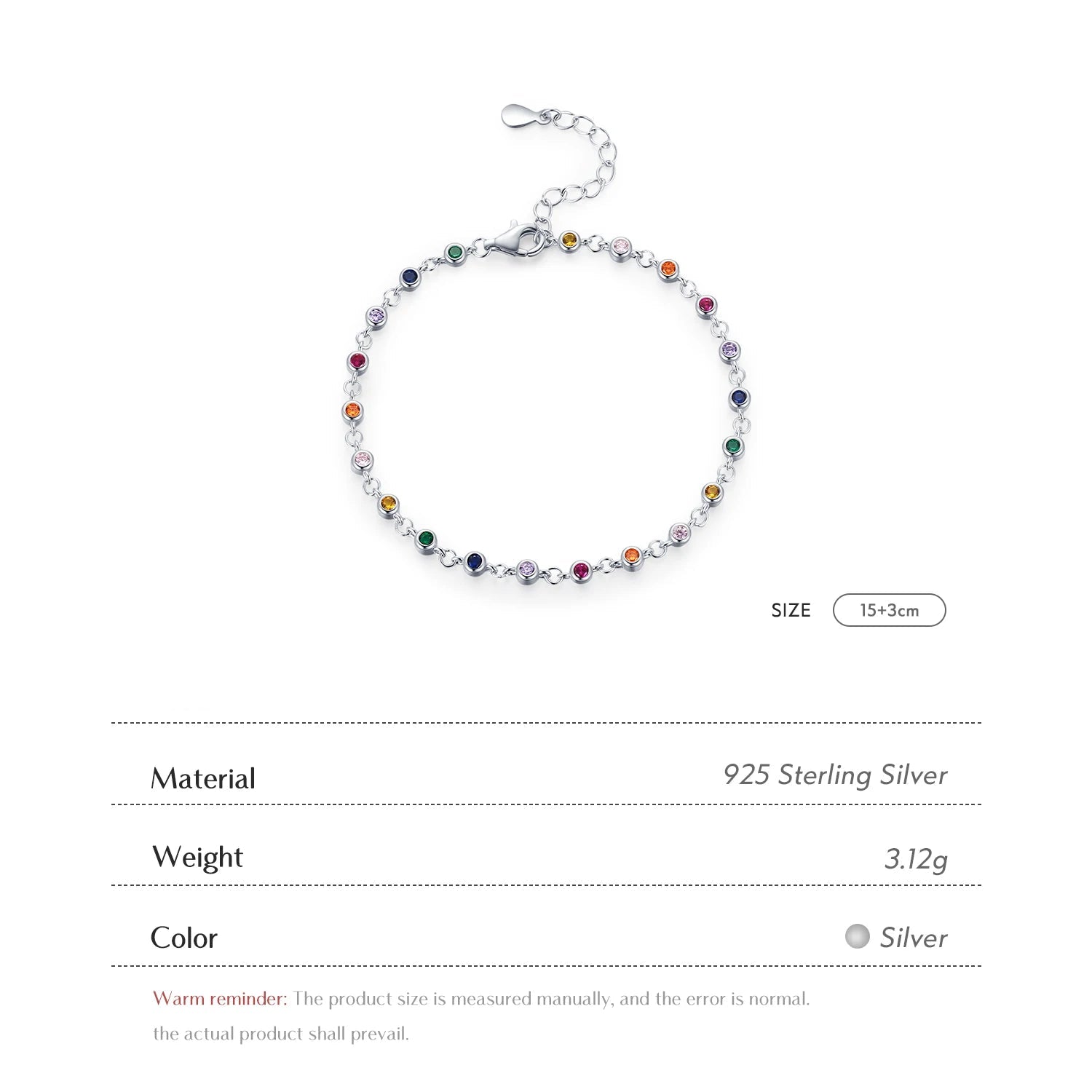 Multicolored beaded bracelet on a white background with product details.