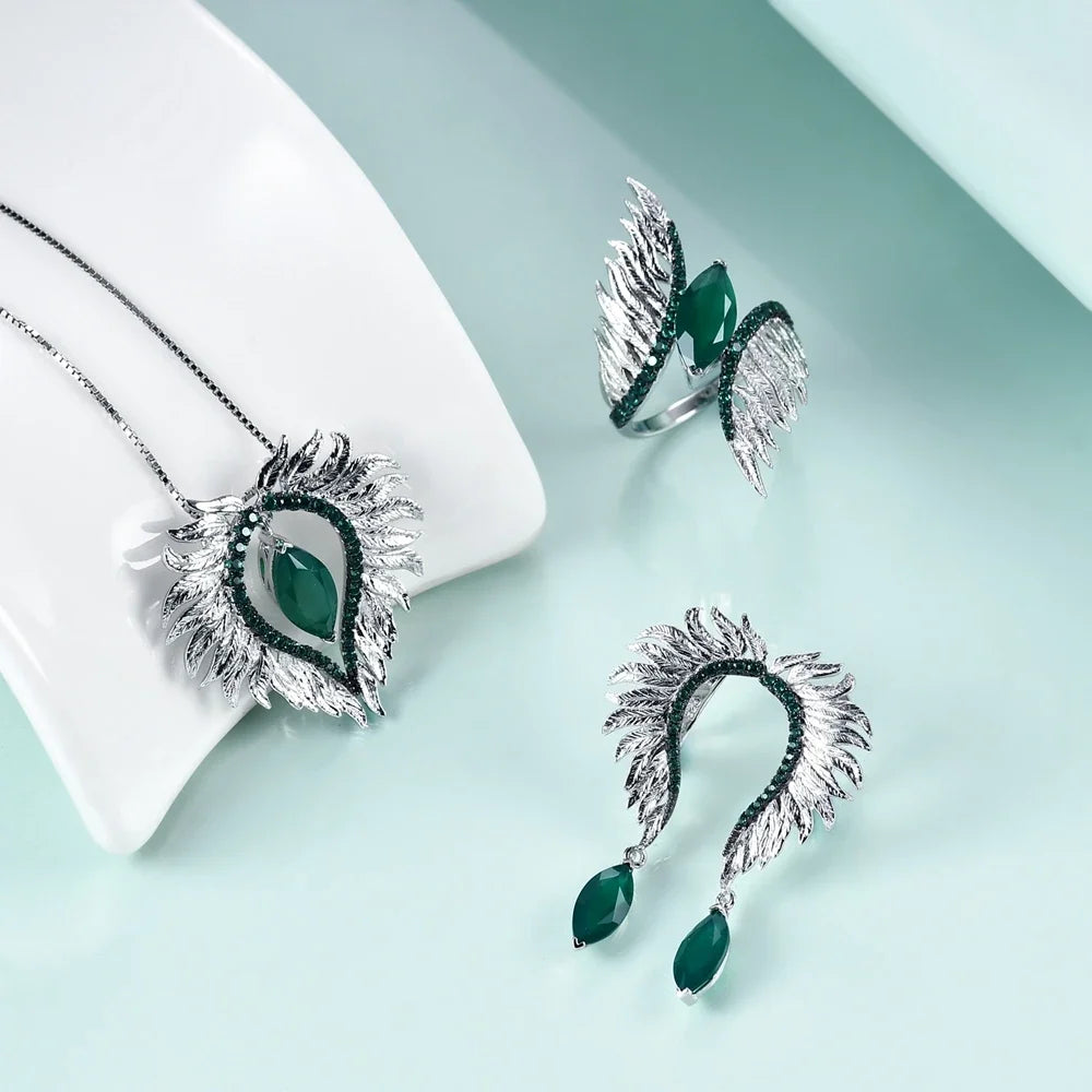 Angel Wings Feather Earrings ,with natural Green Agate Amethyst