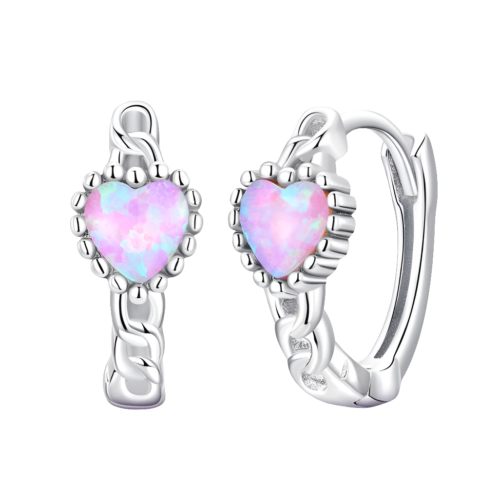 Classical Heart Shape Pink Opal Hoop Earrings.