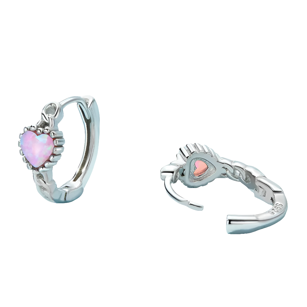 Classical Heart Shape Pink Opal Hoop Earrings.