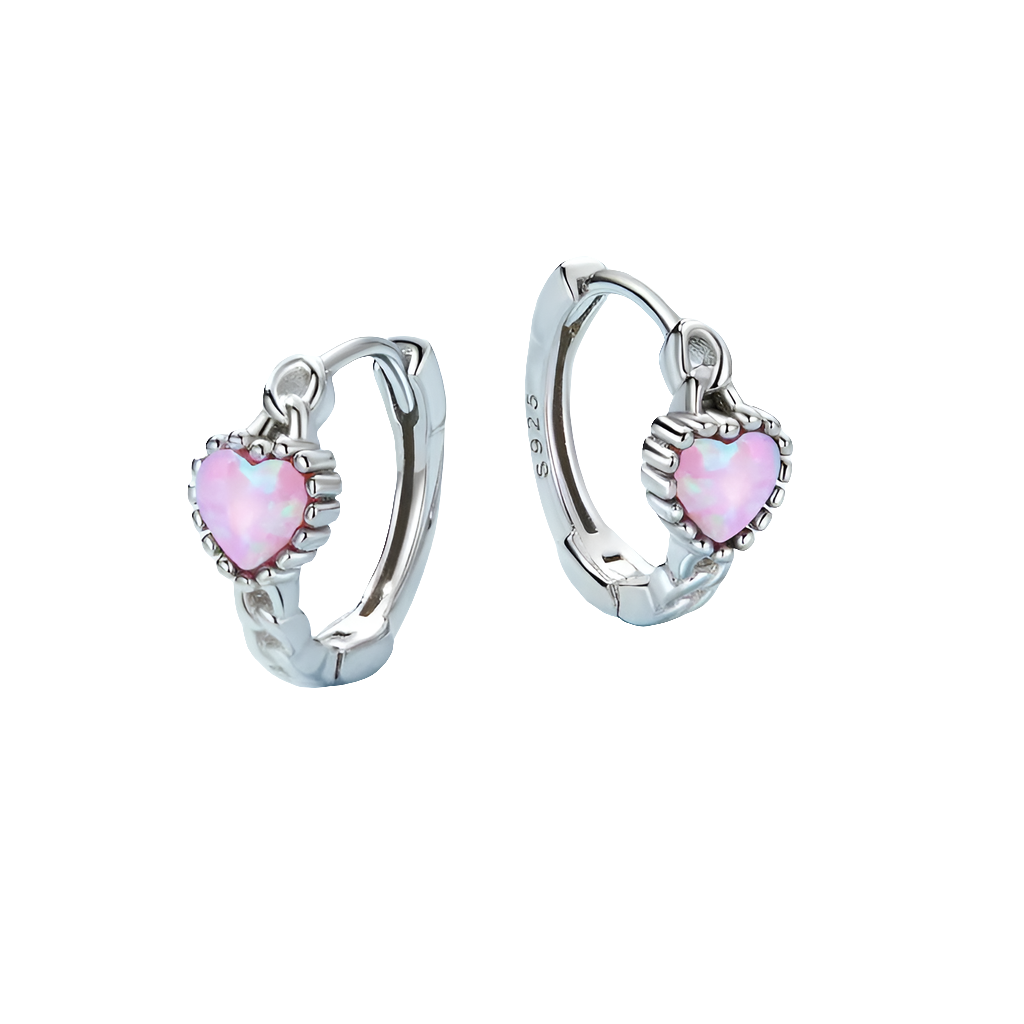 Classical Heart Shape Pink Opal Hoop Earrings.