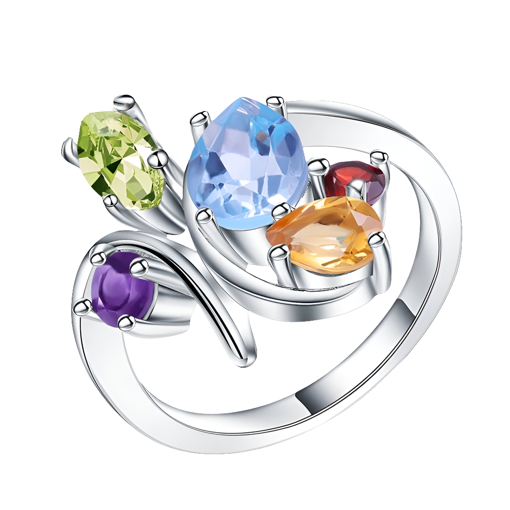 Flower Multicolor Natural Amethyst Garnet Peridot Citrine Topaz Cocktail Ring.