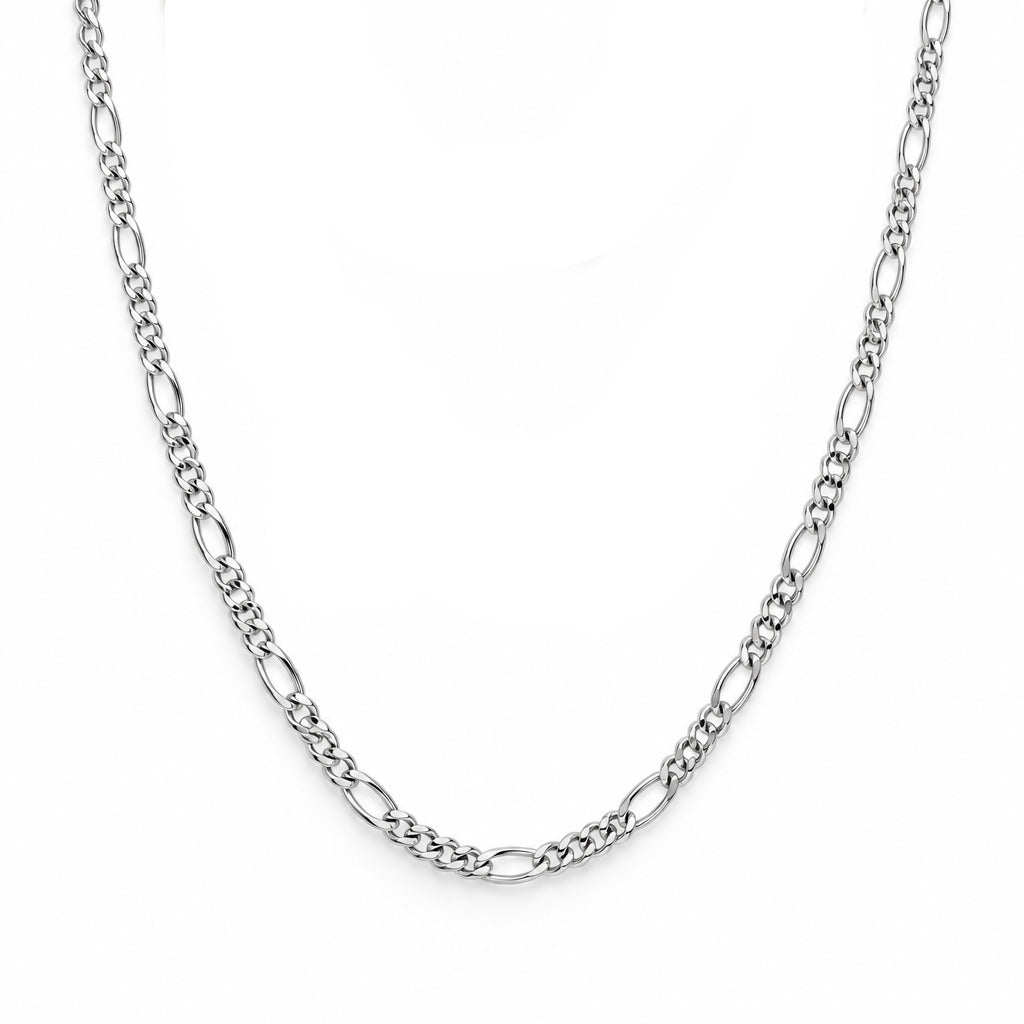 A silver 925 Figaro chain necklace with a heart-shaped link pattern, shown draped against a white background with its clasp and lobster clasp visible.