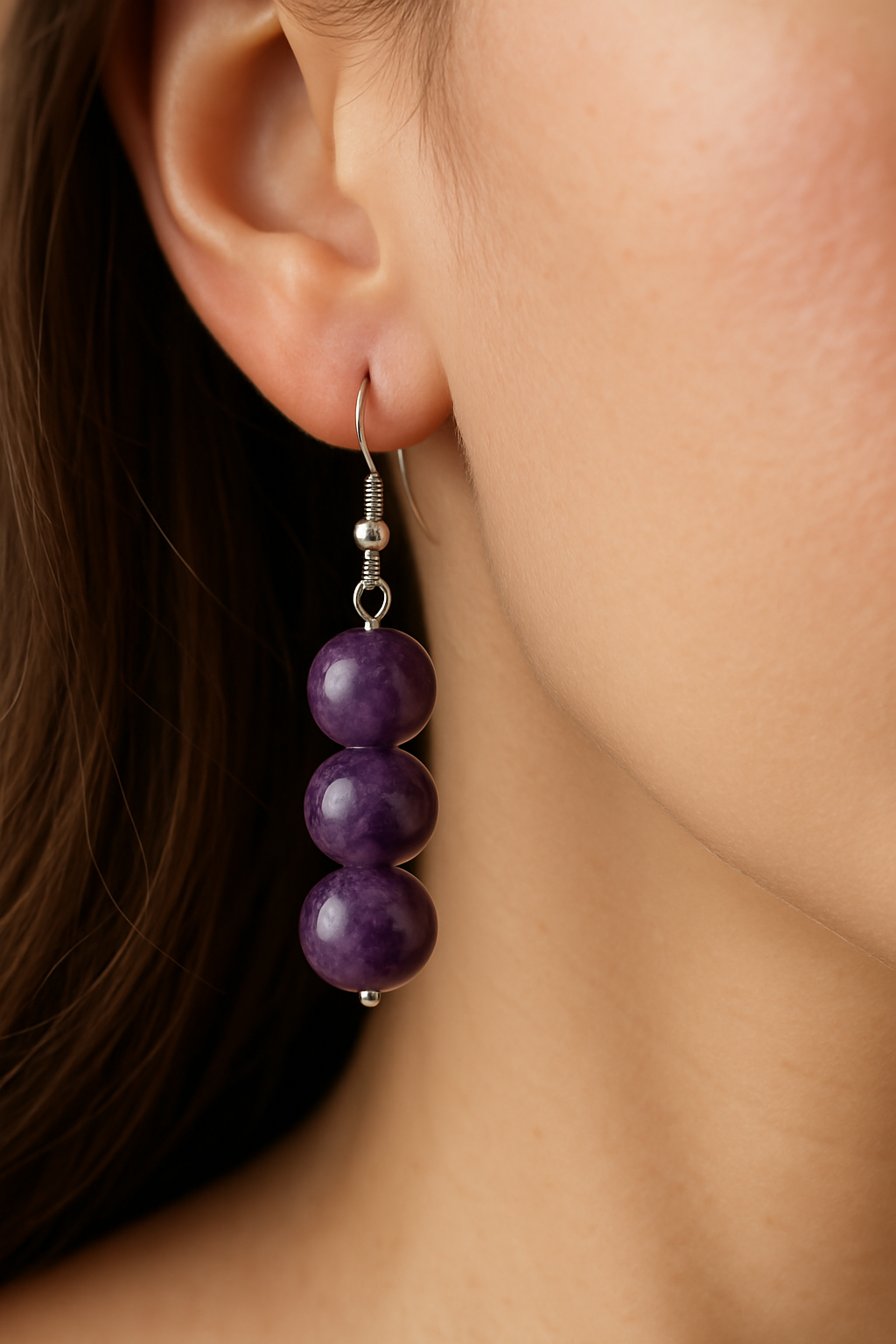 Elegant Amethyst Bead Drop Earrings with Silver Hooks