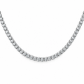 A silver tennis necklace with a continuous row of clear round-cut stones, displayed against a solid white background.