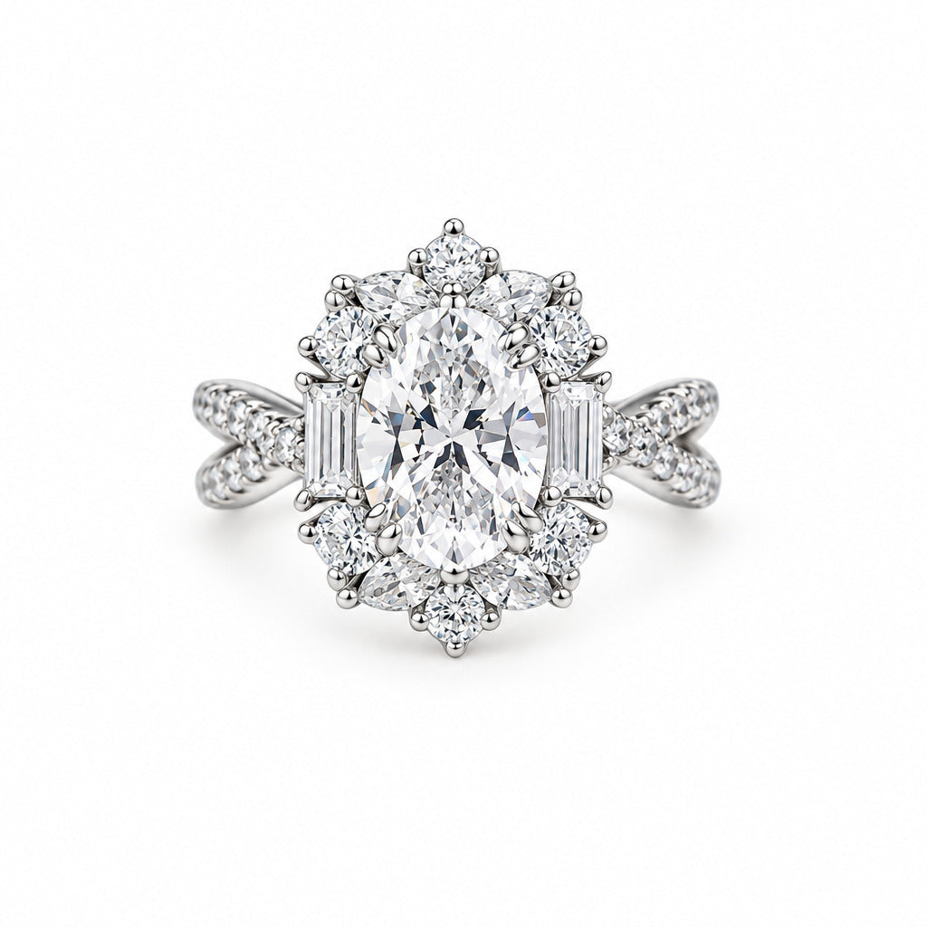 An oval cluster ring featuring a large oval moissanite center stone surrounded by smaller round and baguette-cut diamonds, 