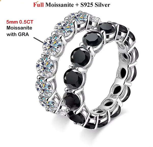Two eternity rings made of S925 silver with round-cut stones, shown on a white background with text labels. One ring features clear moissanite stones, and the other features black moissanite stones.