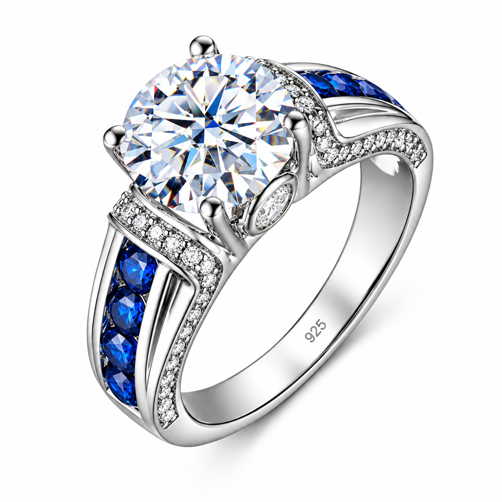 Silver sterling moissanite solitaire ring with a large round moissanite center stone and blue sapphires set along the shoulders