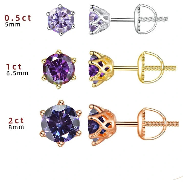 stud earrings set with purple gemstones and gold and rose gold earrings 