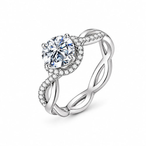 A silver sterling 925 twist band ring featuring a large round-cut clear center moissanite stone and small clear accent  moissanite stones 